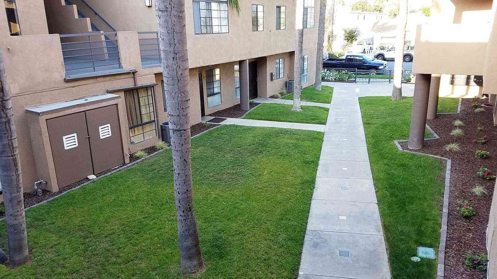 landscaped courtyard and concrete walkway